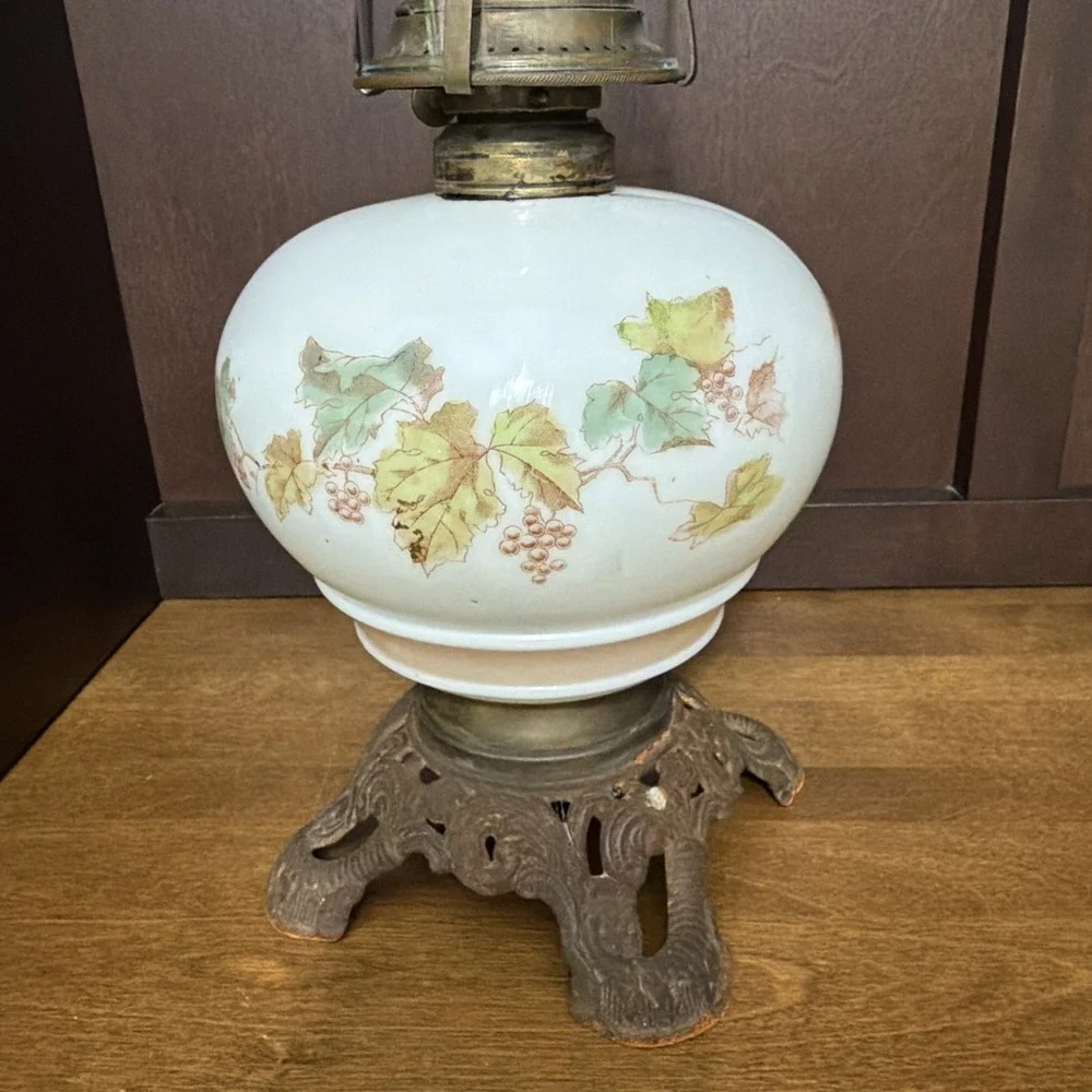 Oil Lamp Glass Transfer pattern Grapevine Winery Vintage 19
